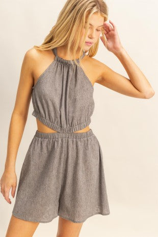 Halter Neck Side Cutout Relaxed Fit Romper