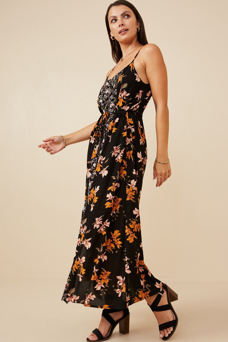 Mixed Floral Sleeveless Belted Dress