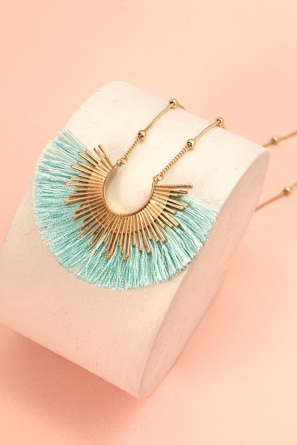Locally Made Sunburst Fringe Tassel Pendant Necklace - Teal