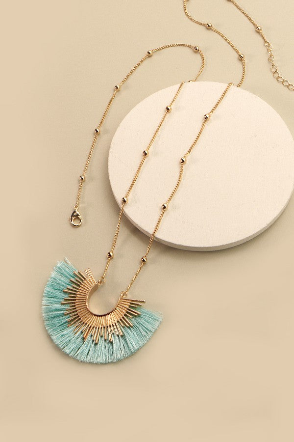 Locally Made Sunburst Fringe Tassel Pendant Necklace - Teal