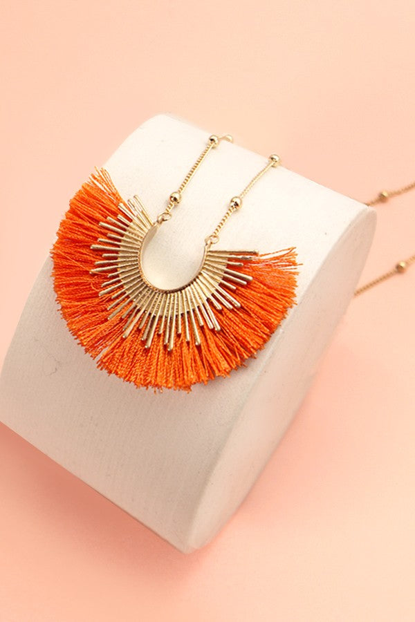 Locally Made Sunburst Fringe Tassel Necklace - Orange