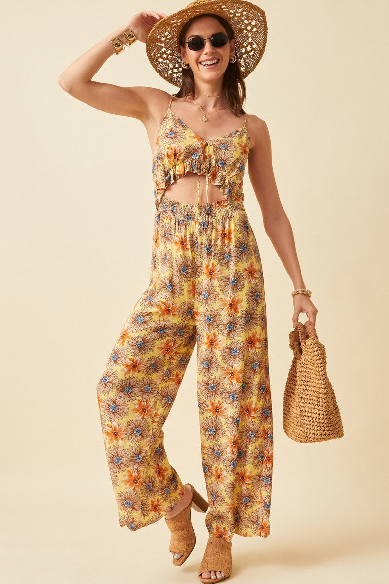 Floral Ruffled Cutout Wide Leg Jumpsuit