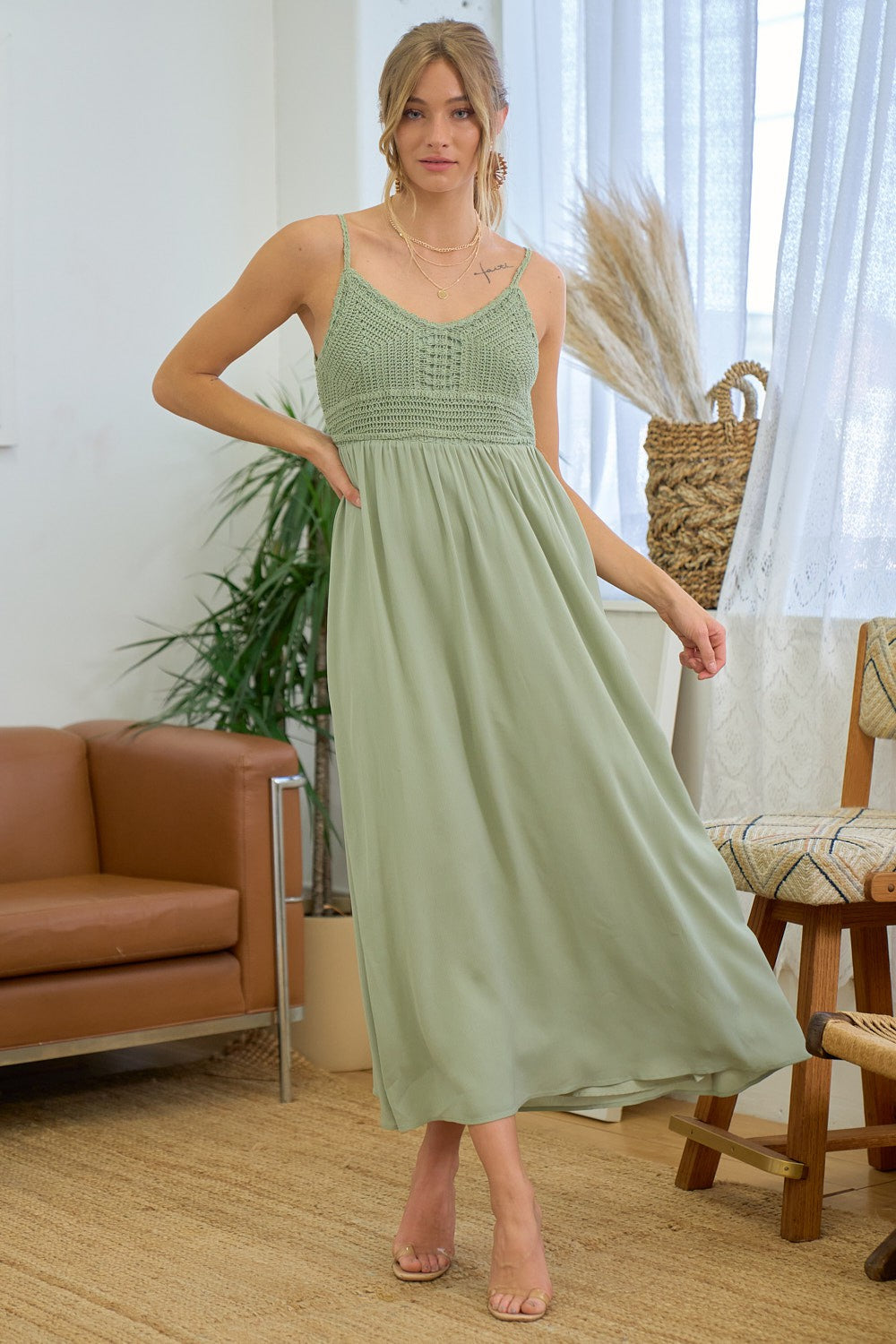 Maxi Dress With Crochet Trim At Top