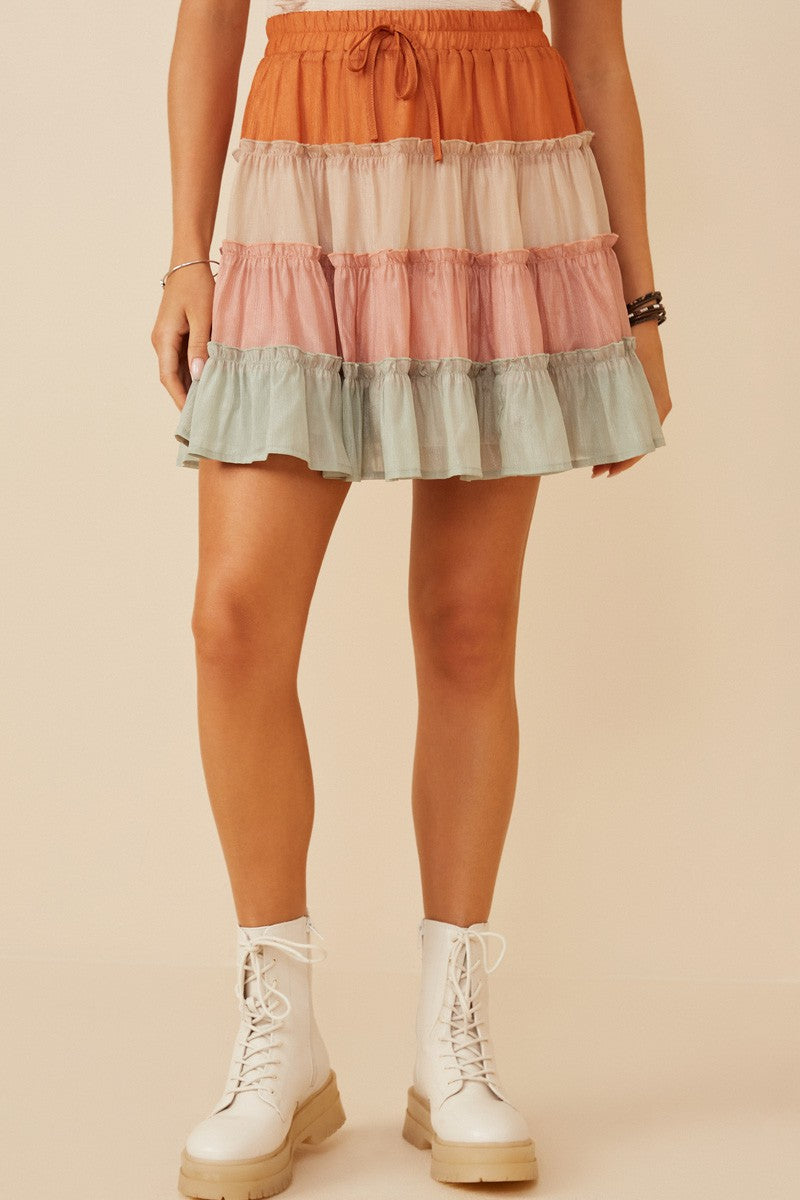 Drawstring Color Blocked Textured Tier Skirt