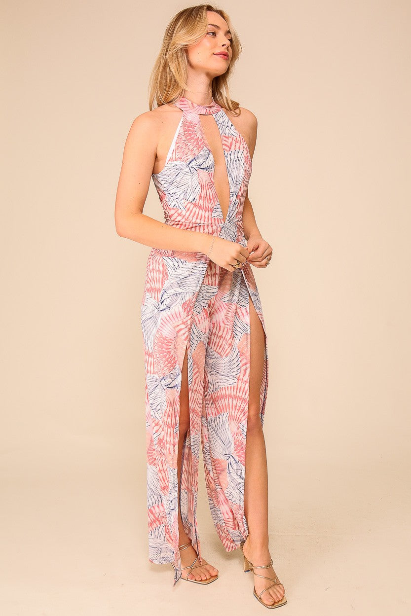 Halter Print Jumpsuit With Slits