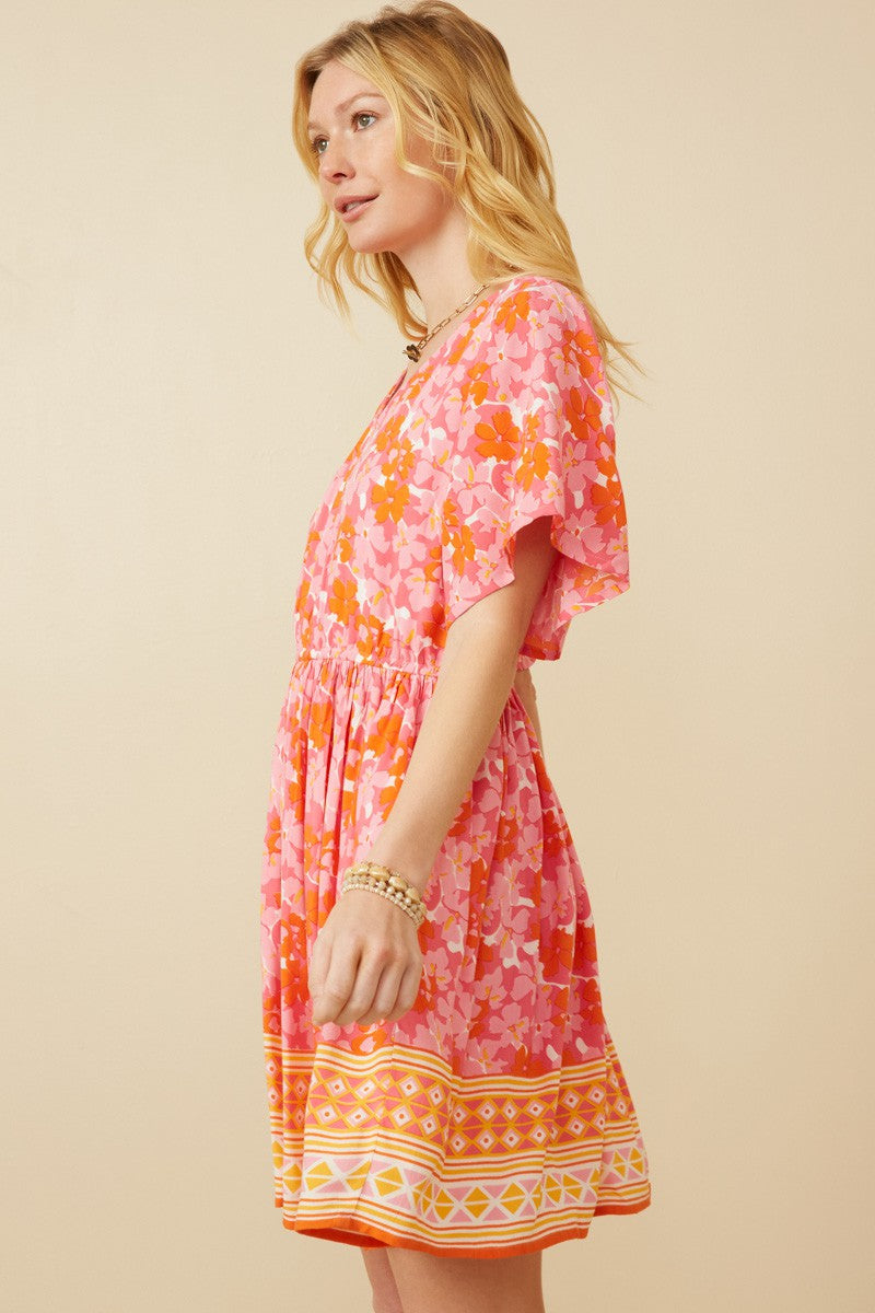 Bordered Hem Floral Print V Neck Dress