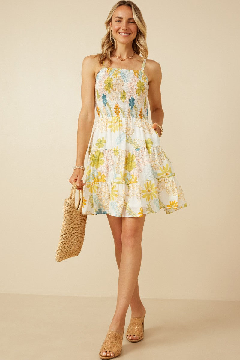 Tropic Foliage Print Smocked Tank Dress