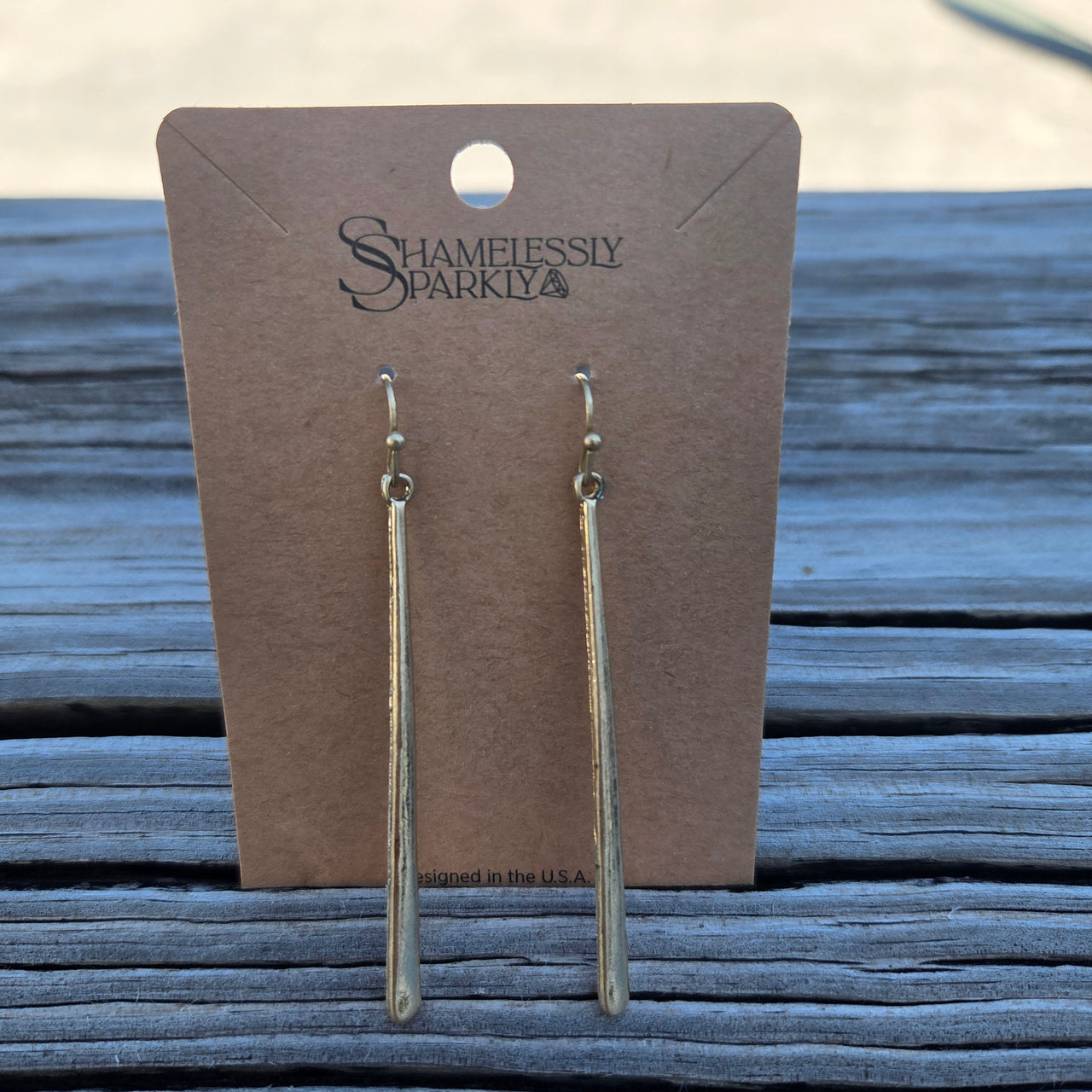 Gold Hammered Metal Long Bar Earrings