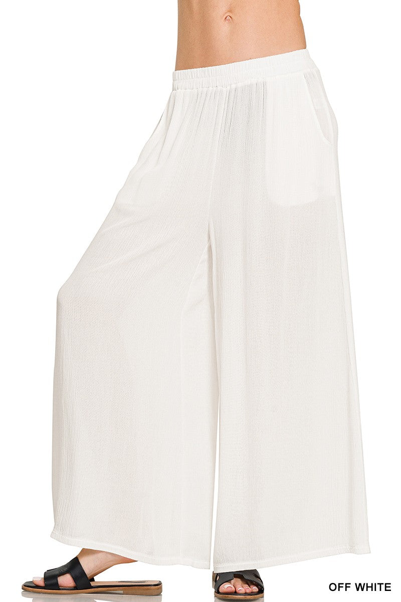 Woven Crinkle Wide Pants With Pockets