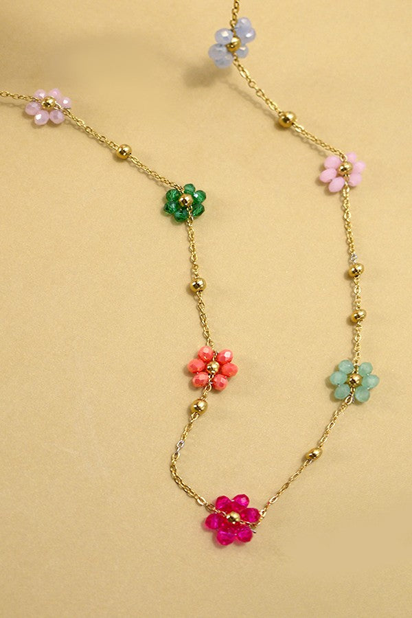 Multi Beaded Flower Charm Necklace - Multi Color