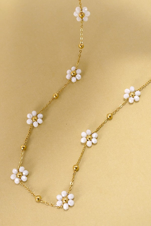 Multi Beaded Flower Charm Necklace - White/Peal