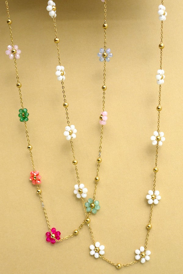 Multi Beaded Flower Charm Necklace - White/Peal