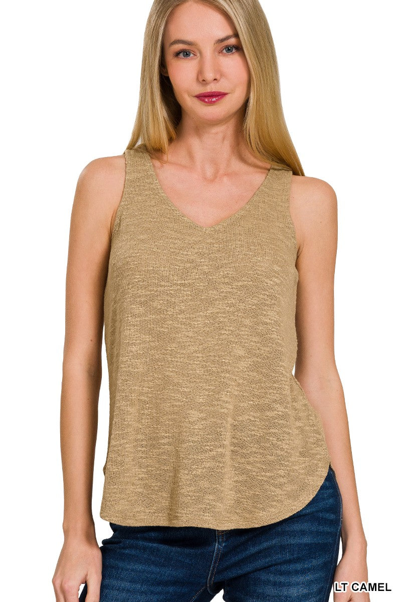 V Neck Slub Hacci Cami Top - Dark Brush Brown