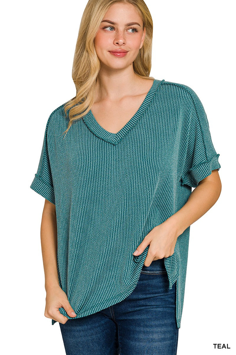 Raised Rib Short Sleeve Hi-Low V Neck Top