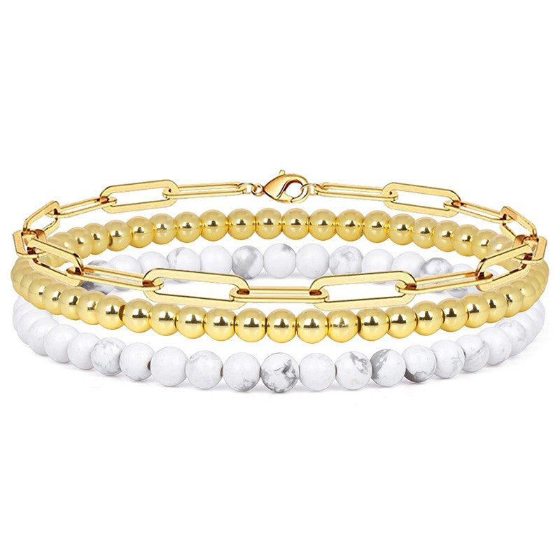 Multi Layer Natural Stone Ball Chain Link Bracelet - White