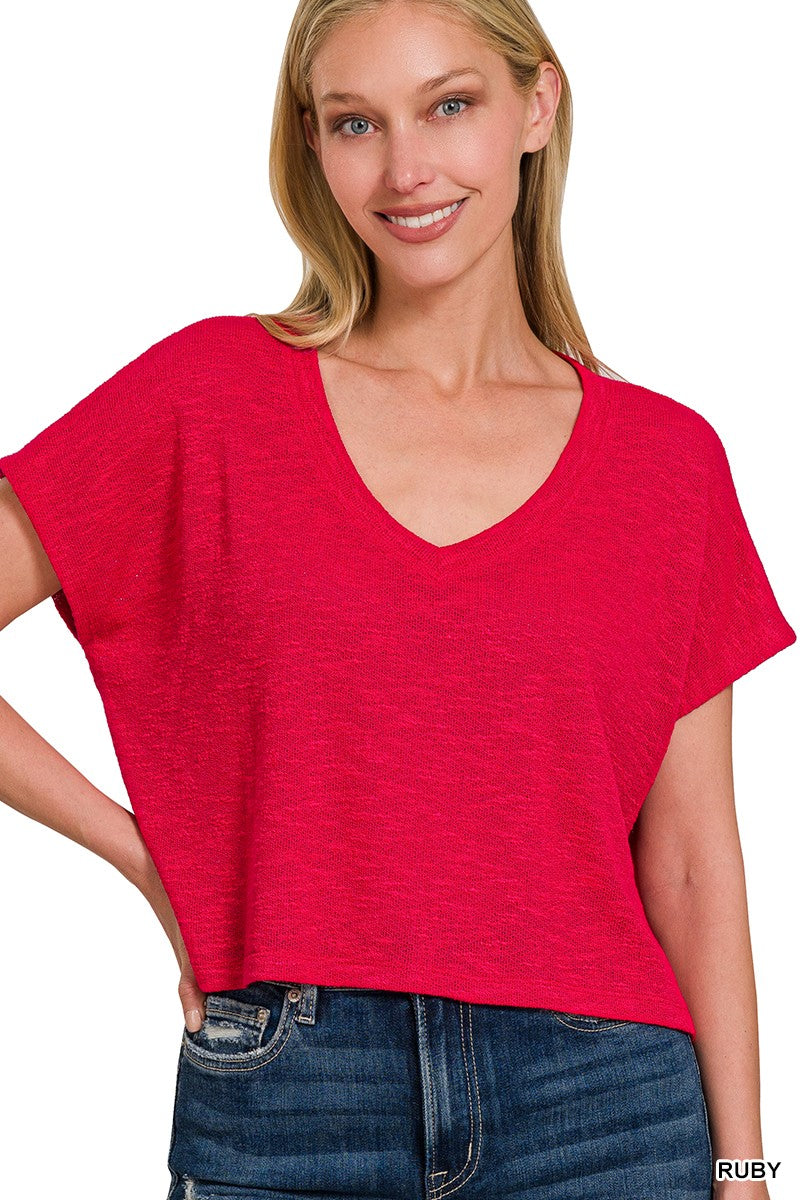 Hacci Slub V-neck Drop Shoulder Crop Top - RED