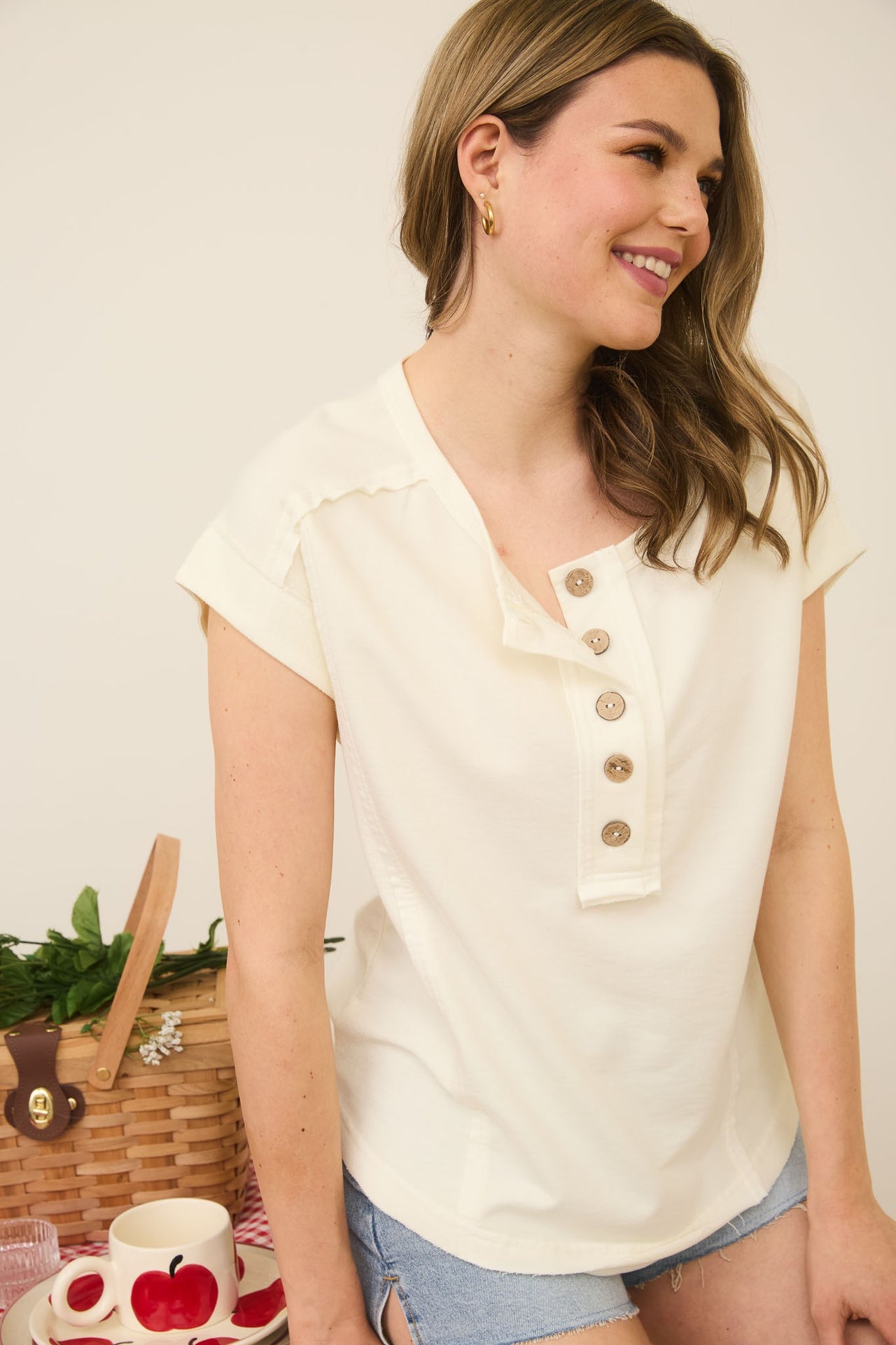 Exposed Seam Short Sleeve Henley Knit Top