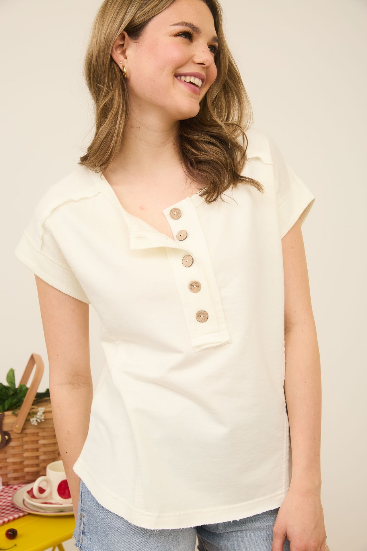 Exposed Seam Short Sleeve Henley Knit Top