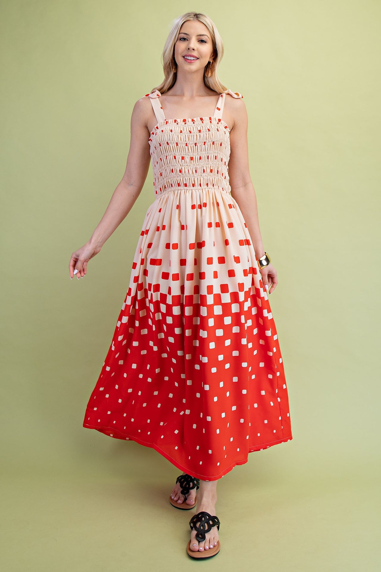 Pixel Print Smocked Bodice Maxi Dress