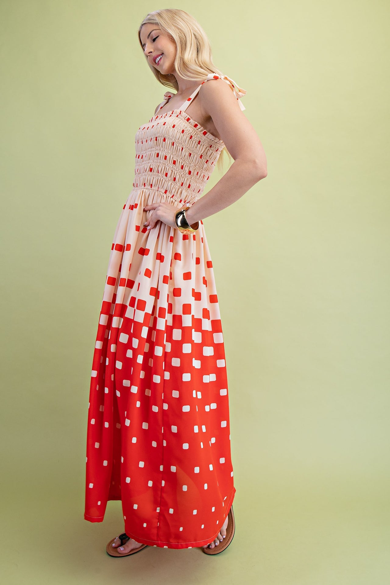 Pixel Print Smocked Bodice Maxi Dress