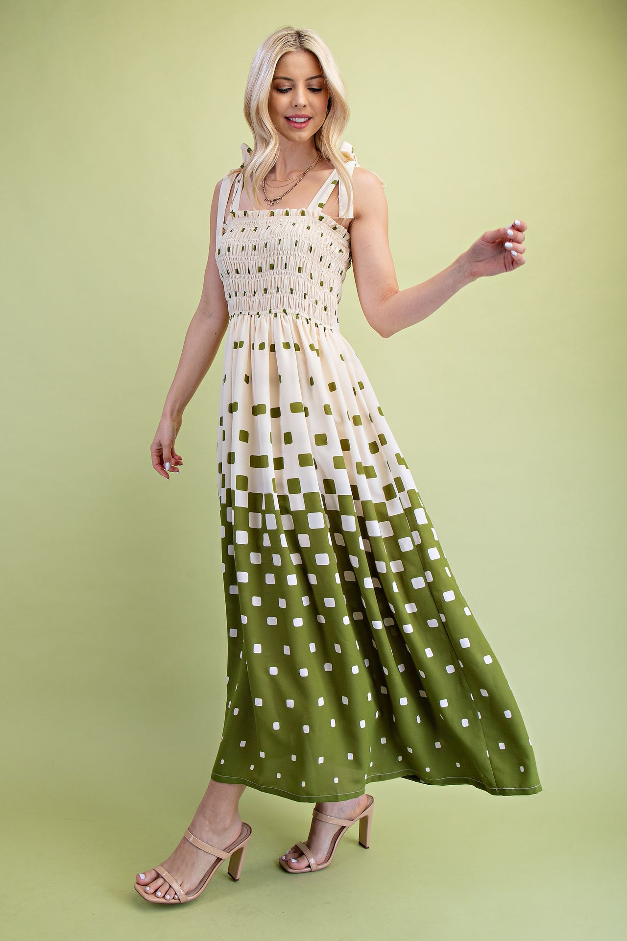 Pixel Print Smocked Bodice Maxi Dress