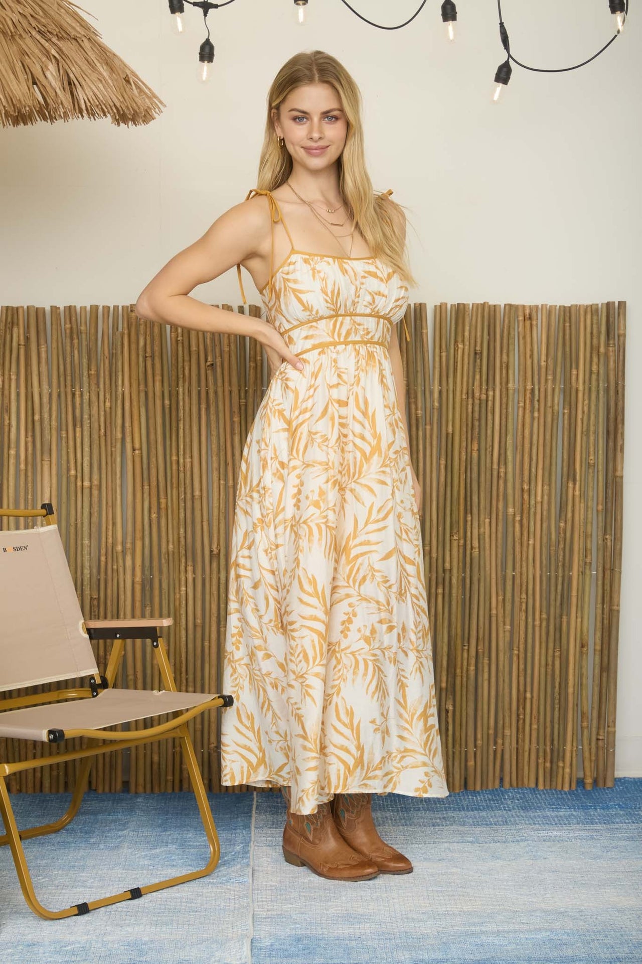 Leaf Print Spaghetti Tie Strap Midi Dress
