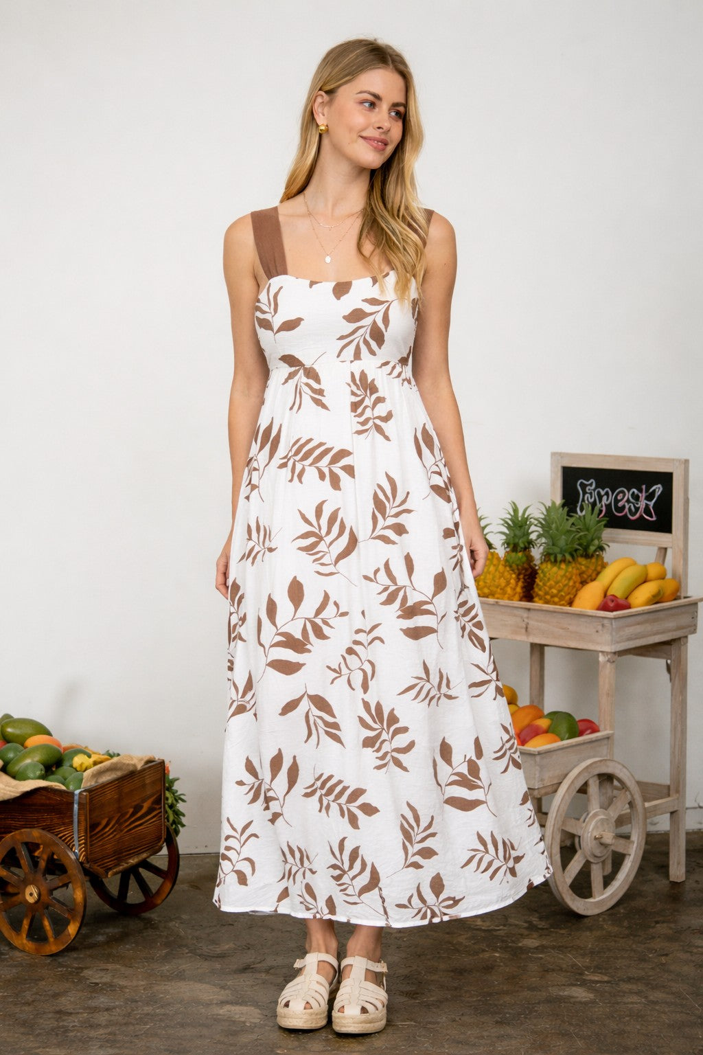 Leaf Print Back Tie Strap Detail Midi Dress