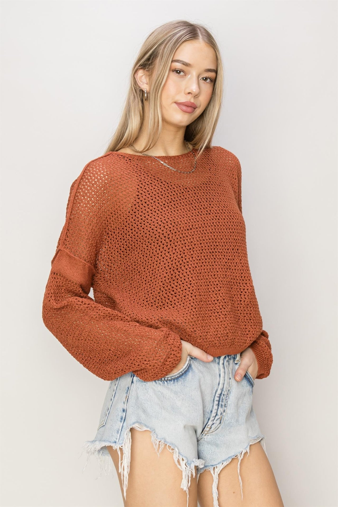 Open Knit Drop Shoulder Sweater