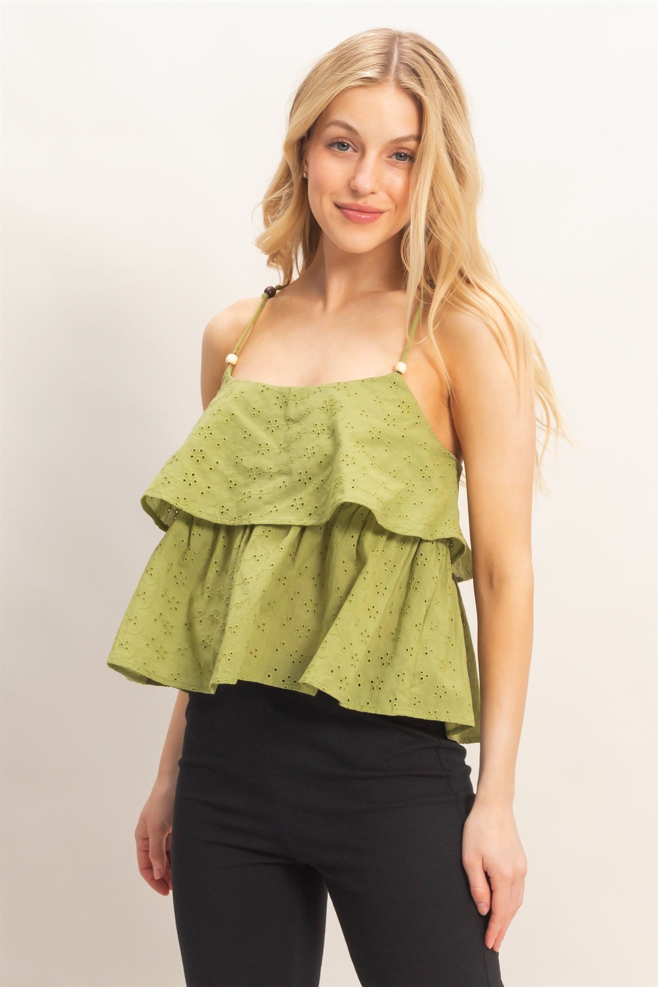 Tiered Floral Eyelet Top - Light :Olive