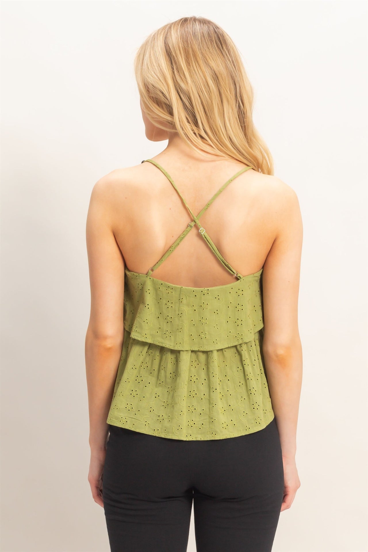 Tiered Floral Eyelet Top - Light :Olive