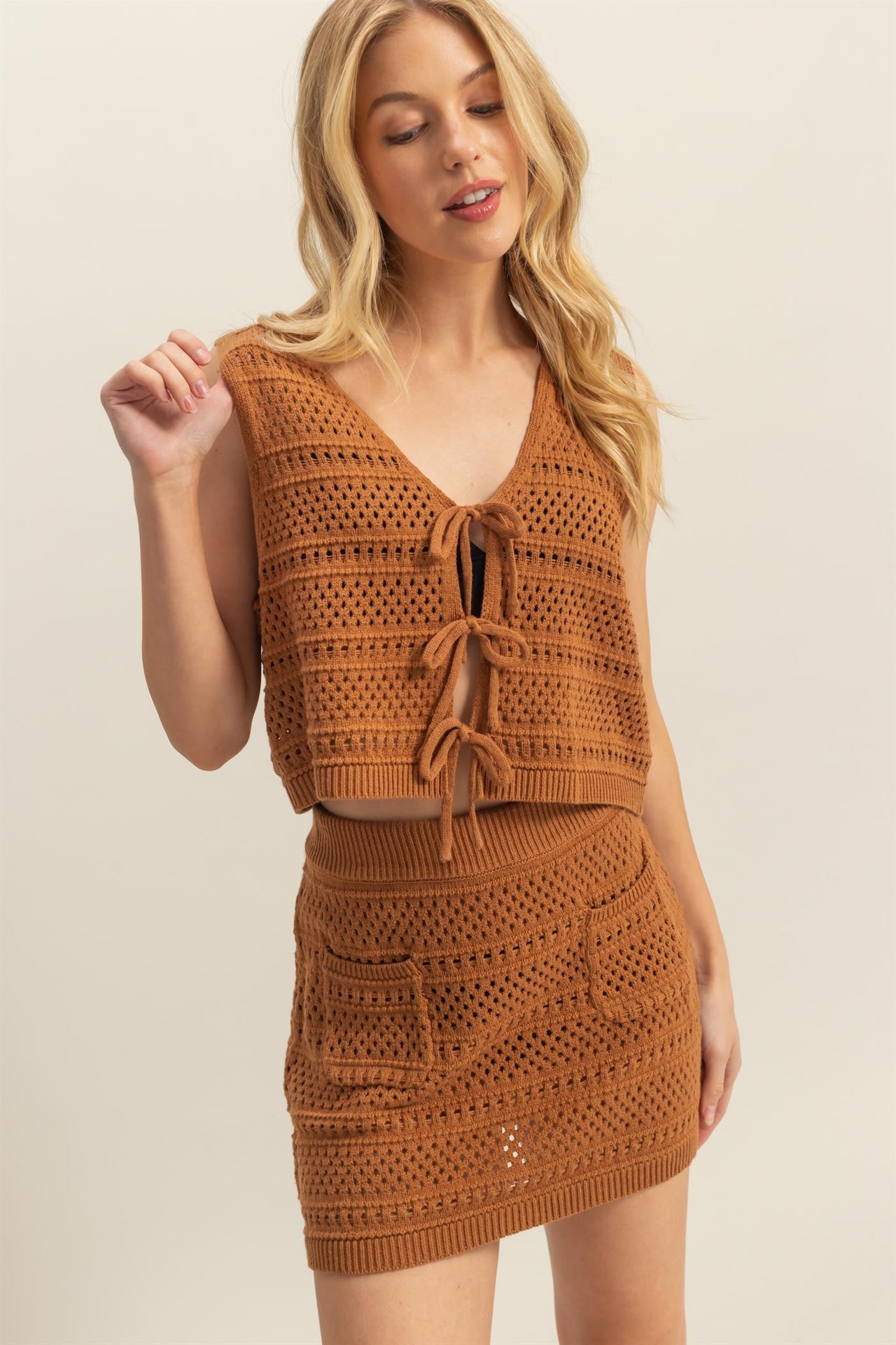 Ribbon Tie Sleeveless Top And Skirt Crochet Set