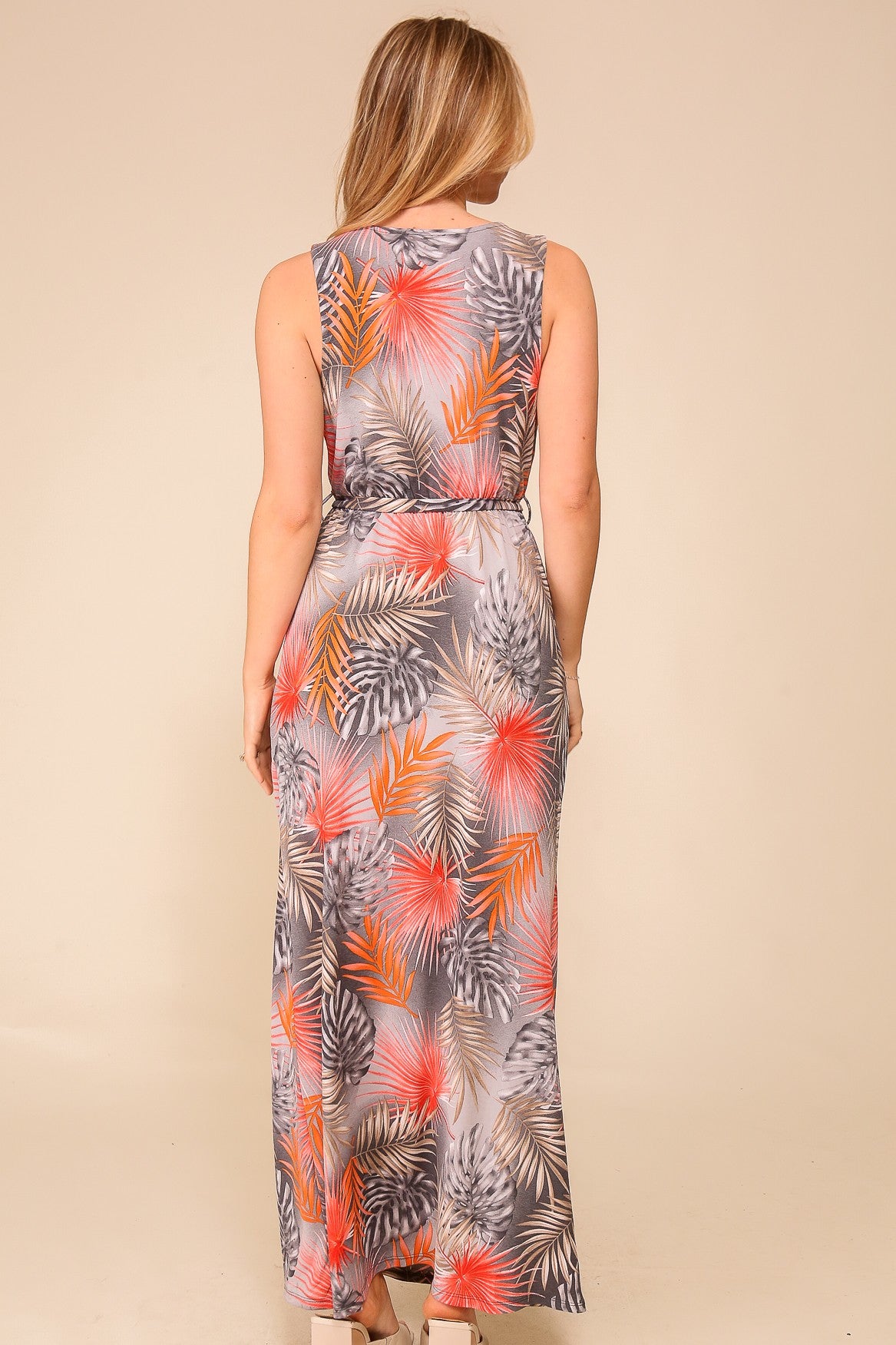 Vibrant Floral Print Maxi Dress (Grey)