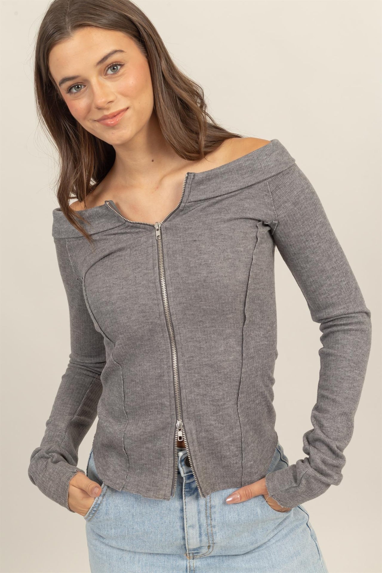 Zippered Off-Shoulder Knit Top