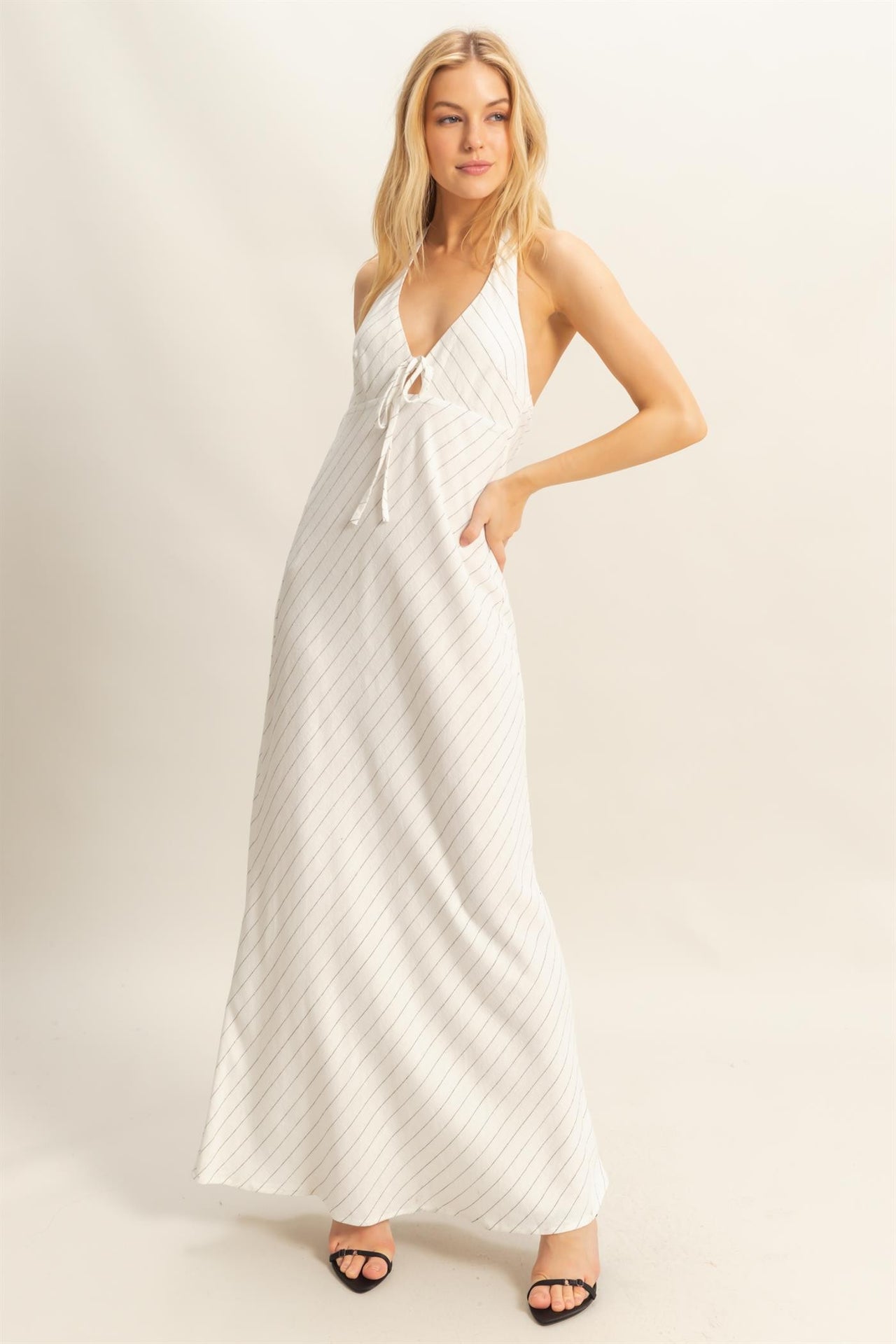 Striped Halter Neck Linen Maxi Dress