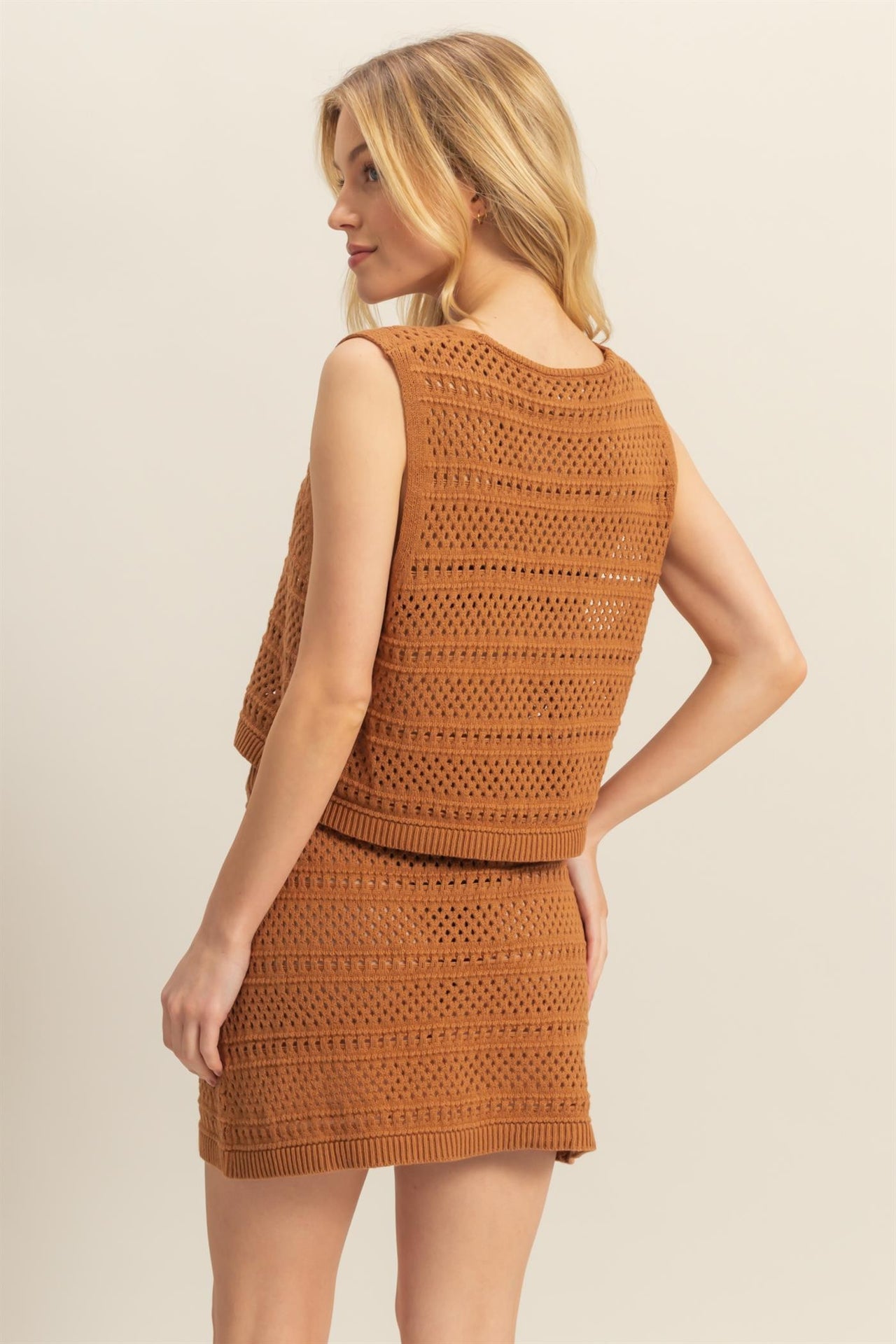 Ribbon Tie Sleeveless Top And Skirt Crochet Set