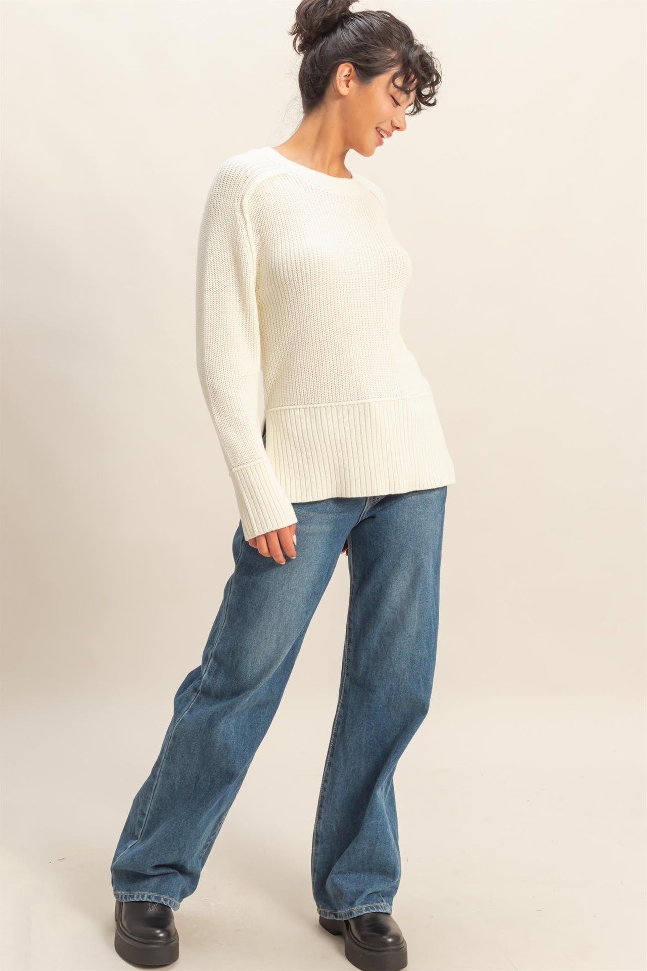 Raglan Long Sleeve Side Slit Sweater
